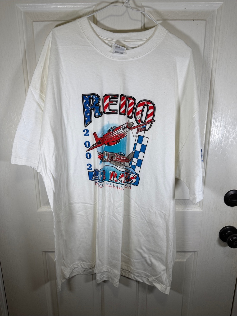 Hanes White Reno 2002 Air Races Graphic Tee with Red & Blue Plane